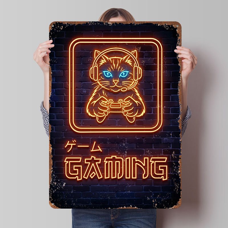 Retro Gaming At Home - لافتة معدنية مطبوعة بتصميم قطة ألعاب